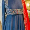 Navy Blue Raw Silk Anarkali Suit with Embroidered Crop Jacket – Flared Festive Gown Set with Contrast Red Zari Dupatta - Image 4