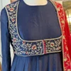 Navy Blue Raw Silk Anarkali Suit with Embroidered Crop Jacket – Flared Festive Gown Set with Contrast Red Zari Dupatta - Image 5