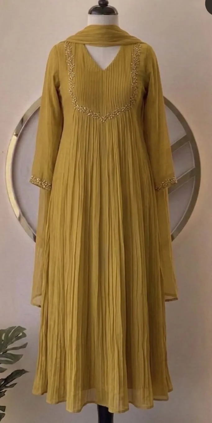 Ochre Yellow Flared Pleated Anarkali Kurta Set with Hand-Embroidered V-Neck – Elegant Haldi & Wedding Guest Outfit for Women