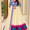 Off-White Festive Anarkali Gown with Multicolored Zigzag Bodice, Temple Border Hem & Silk Dupatta