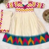 Off-White Festive Anarkali Gown with Multicolored Zigzag Bodice, Temple Border Hem & Silk Dupatta - Image 3