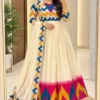Off-White Festive Anarkali Gown with Multicolored Zigzag Bodice, Temple Border Hem & Silk Dupatta - Image 4