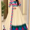 Off-White Festive Anarkali Gown with Multicolored Zigzag Bodice, Temple Border Hem & Silk Dupatta - Image 5