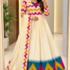 Off-White Festive Anarkali Gown with Multicolored Zigzag Bodice, Temple Border Hem & Silk Dupatta - Image 6