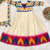 Off-White Festive Anarkali Gown with Multicolored Zigzag Bodice, Temple Border Hem & Silk Dupatta - Image 7
