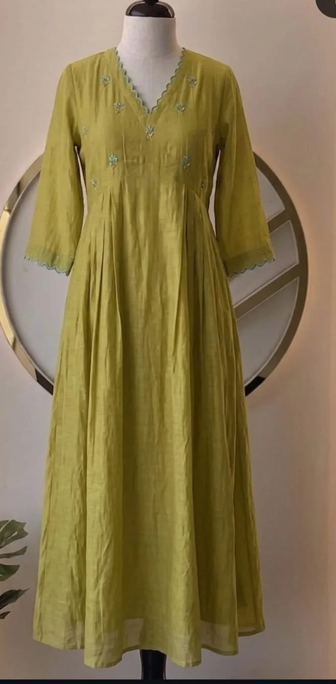 Olive Green Chanderi Silk Pleated Anarkali Dress with Scalloped V-Neck & Floral Embroidery | Elegant Ethnic Maxi Kurti