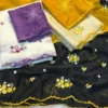 Party Wear Soft Star Georgette Saree with Floral Thread Embroidery & Scalloped Cutwork Border | Contrast Designer Blouse - Image 5
