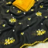 Party Wear Soft Star Georgette Saree with Floral Thread Embroidery & Scalloped Cutwork Border | Contrast Designer Blouse - Image 6
