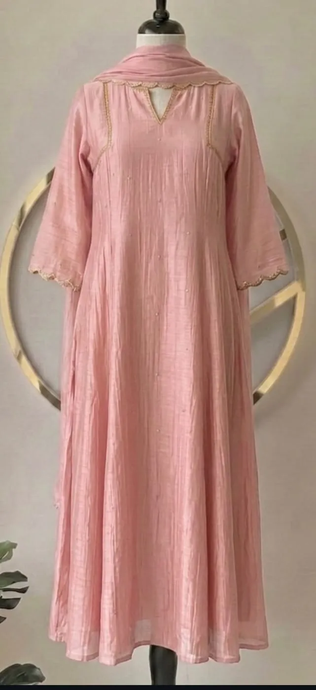 Pastel Baby Pink Chanderi Silk Flared Anarkali Suit Set with Scallop Neckline & Dupatta | Subtle Festive Kurta Set