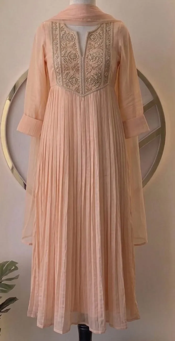 Peach Silk Pleated Anarkali Suit Set with Intricate Pearl & Zardozi Embroidered Yoke | Festive Wedding Kurta Set