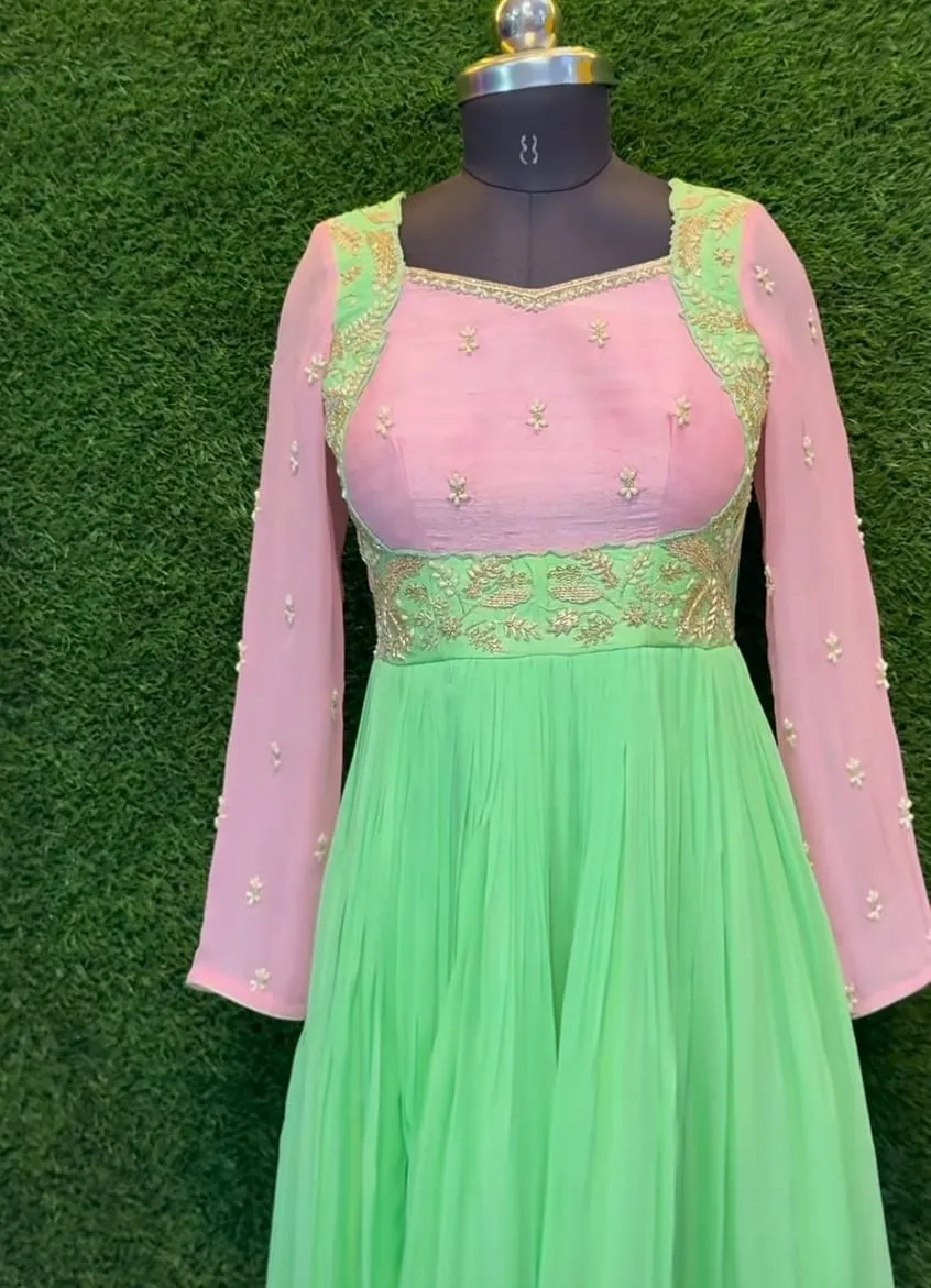 Pink & Mint Green Embroidered Anarkali Suit | Designer Party Wear Georgette Long Gown