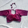 Plain Magenta Raw Silk Sweetheart Saree Blouse | Elbow Sleeve Readymade Padded Blouse with Back Tassels - Image 2