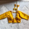 Plain Yellow Raw Silk Sweetheart Blouse with Elbow Sleeves | Ready to Wear Back Dori Saree Blouse - Image 4