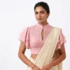Pleated Collar Readymade Saree Blouse with Tiered Ruffle Butterfly Sleeves & Front Keyhole