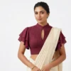 Pleated Collar Readymade Saree Blouse with Tiered Ruffle Butterfly Sleeves & Front Keyhole - Image 2