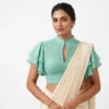 Pleated Collar Readymade Saree Blouse with Tiered Ruffle Butterfly Sleeves & Front Keyhole - Image 5