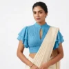 Pleated Collar Readymade Saree Blouse with Tiered Ruffle Butterfly Sleeves & Front Keyhole - Image 6