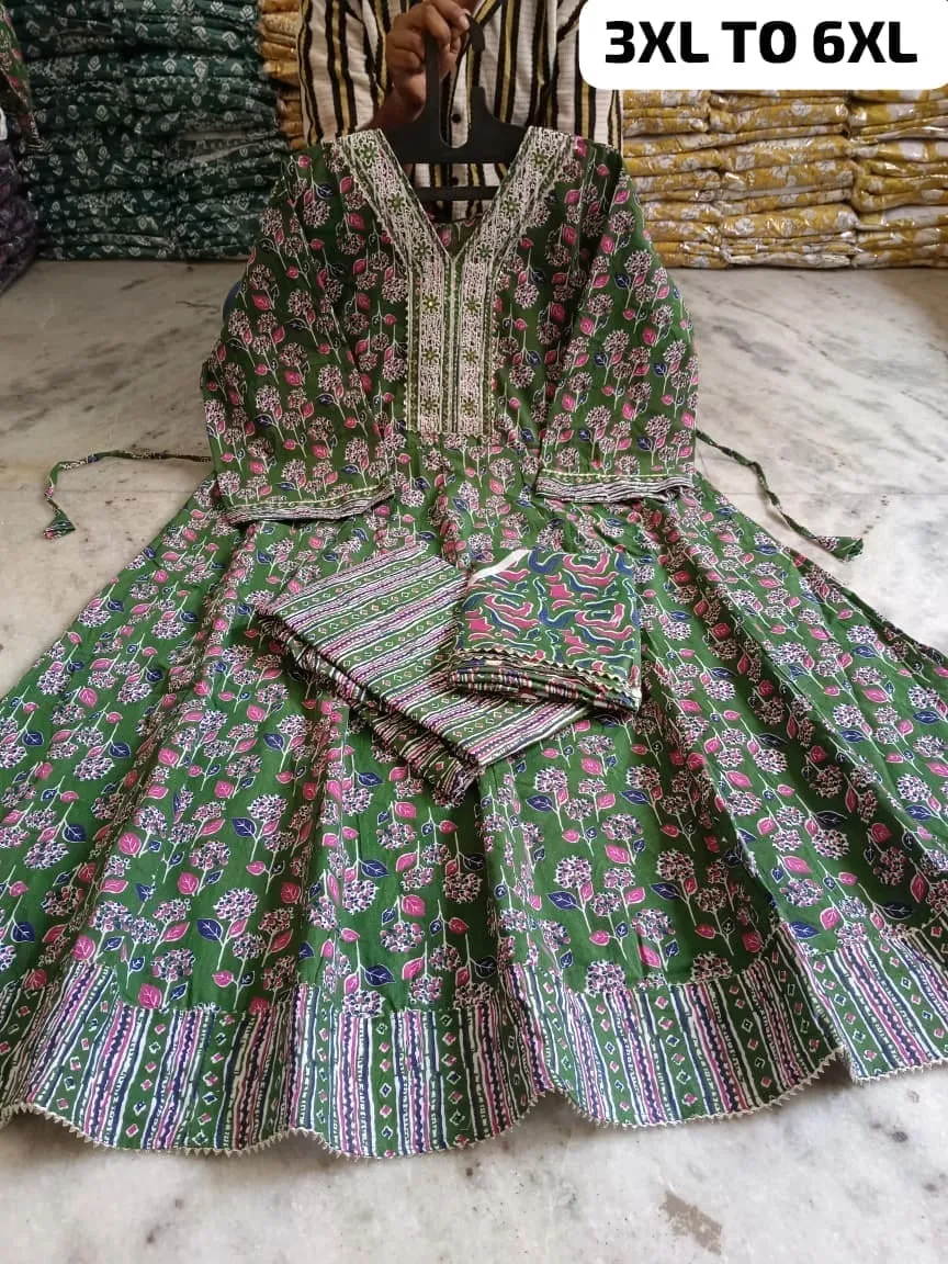 Plus Size Pure Cotton Anarkali Kurti Pant Dupatta Set | Embroidered V-Neck Flared Suit (3XL–6XL) - Image 11
