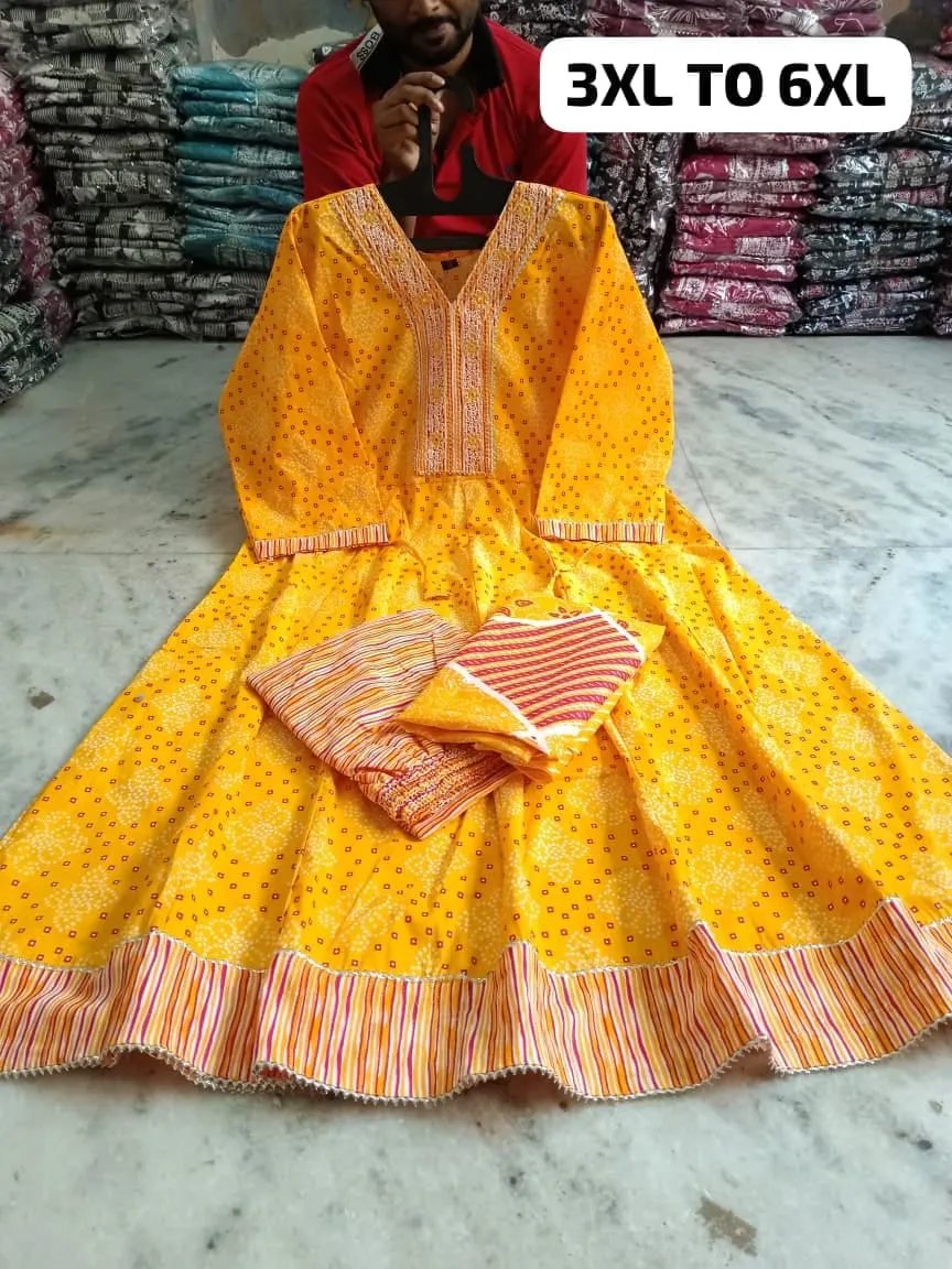 Plus Size Pure Cotton Anarkali Kurti Pant Dupatta Set | Embroidered V-Neck Flared Suit (3XL–6XL) - Image 2