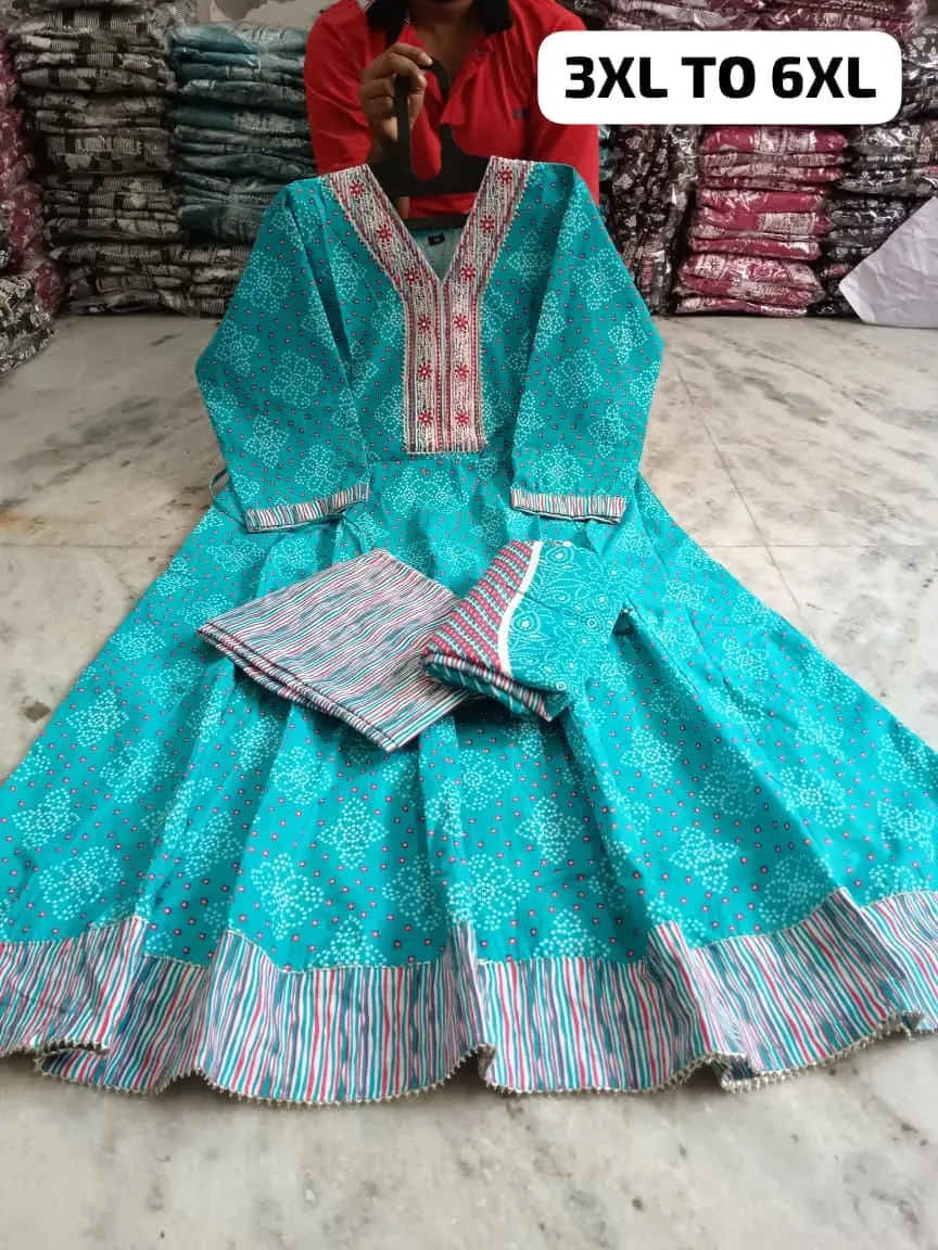 Plus Size Pure Cotton Anarkali Kurti Pant Dupatta Set | Embroidered V-Neck Flared Suit (3XL–6XL) - Image 6