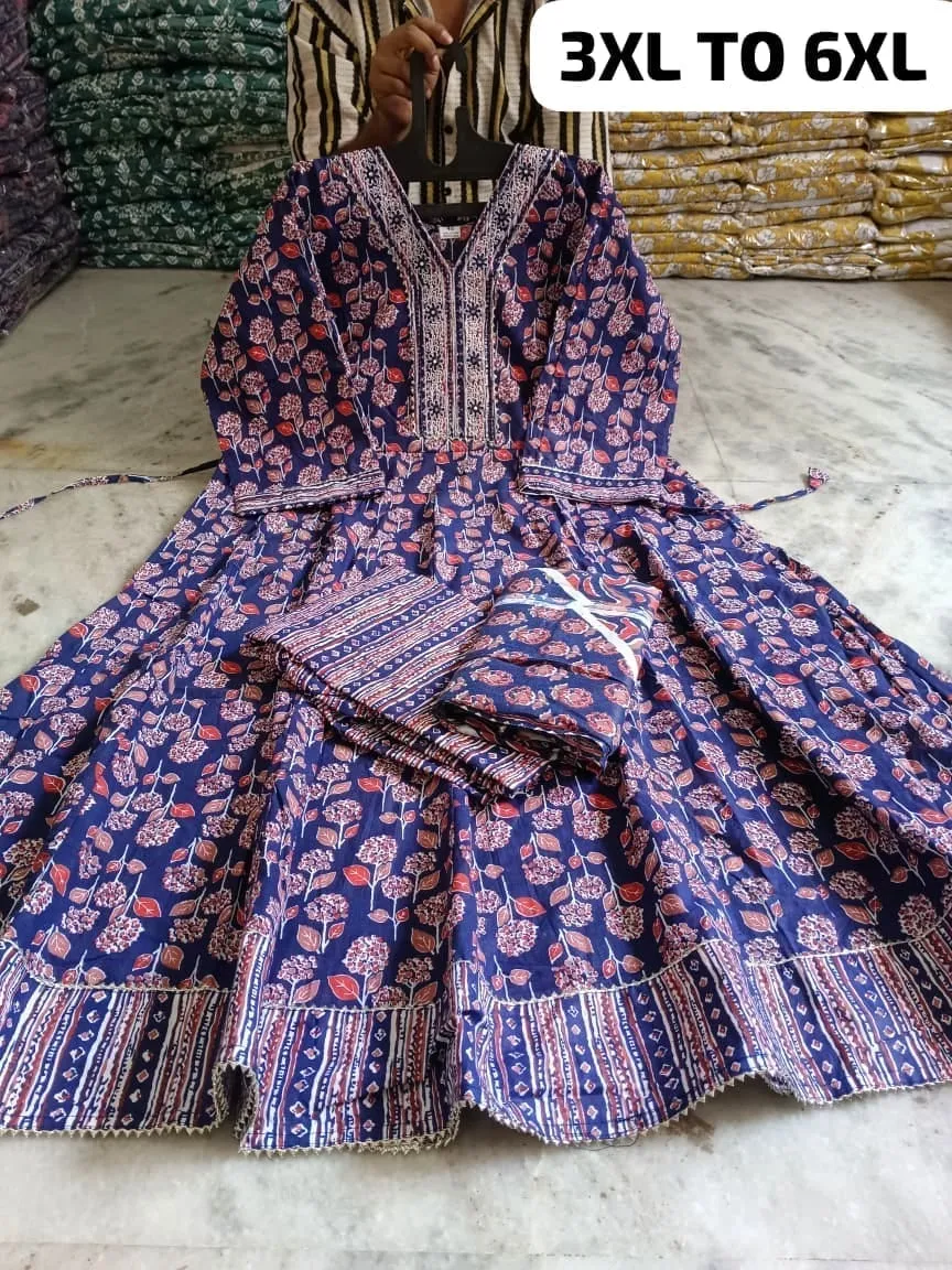 Plus Size Pure Cotton Anarkali Kurti Pant Dupatta Set | Embroidered V-Neck Flared Suit (3XL–6XL) - Image 7