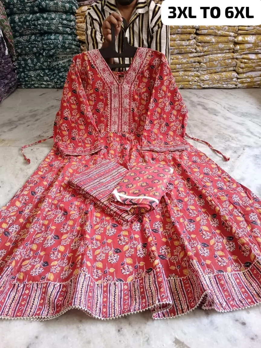 Plus Size Pure Cotton Anarkali Kurti Pant Dupatta Set | Embroidered V-Neck Flared Suit (3XL–6XL) - Image 8