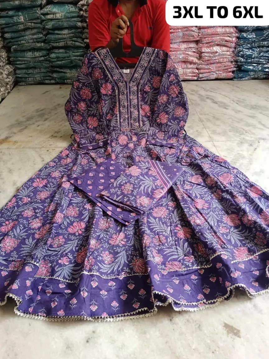 Plus Size Pure Cotton Anarkali Kurti Pant Dupatta Set | Embroidered V-Neck Flared Suit (3XL–6XL) - Image 9