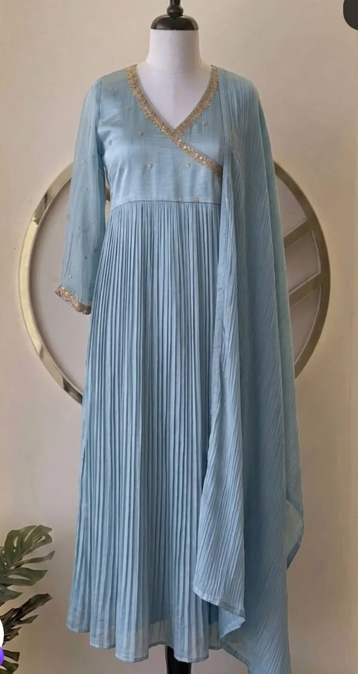 Powder Blue Pleated Anarkali Suit Set with Dupatta | Designer Ethnic Wear