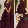 Pre-Draped Saree Style Gown in Vichitra Silk with Embroidered Belt | Ready to Wear Party Wear Anarkali Gown with Dupatta Set - Image 2