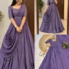 Pre-Draped Saree Style Gown in Vichitra Silk with Embroidered Belt | Ready to Wear Party Wear Anarkali Gown with Dupatta Set - Image 3