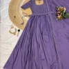 Pre-Draped Saree Style Gown in Vichitra Silk with Embroidered Belt | Ready to Wear Party Wear Anarkali Gown with Dupatta Set - Image 5