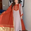 Premium Mul Chanderi Anarkali Kurti Pant Set with Woven Jacquard Dupatta - Image 2