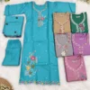 Premium Roman Silk Neck & Hem Embroidered Kurta Set with Scalloped Border Dupatta & Trousers - Image 3