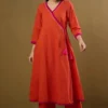 Pure Cotton Angrakha Kurti Pant Set | V-Neck Side Tie-Up Flared Kurta with Trousers 2-Piece Set - Image 3