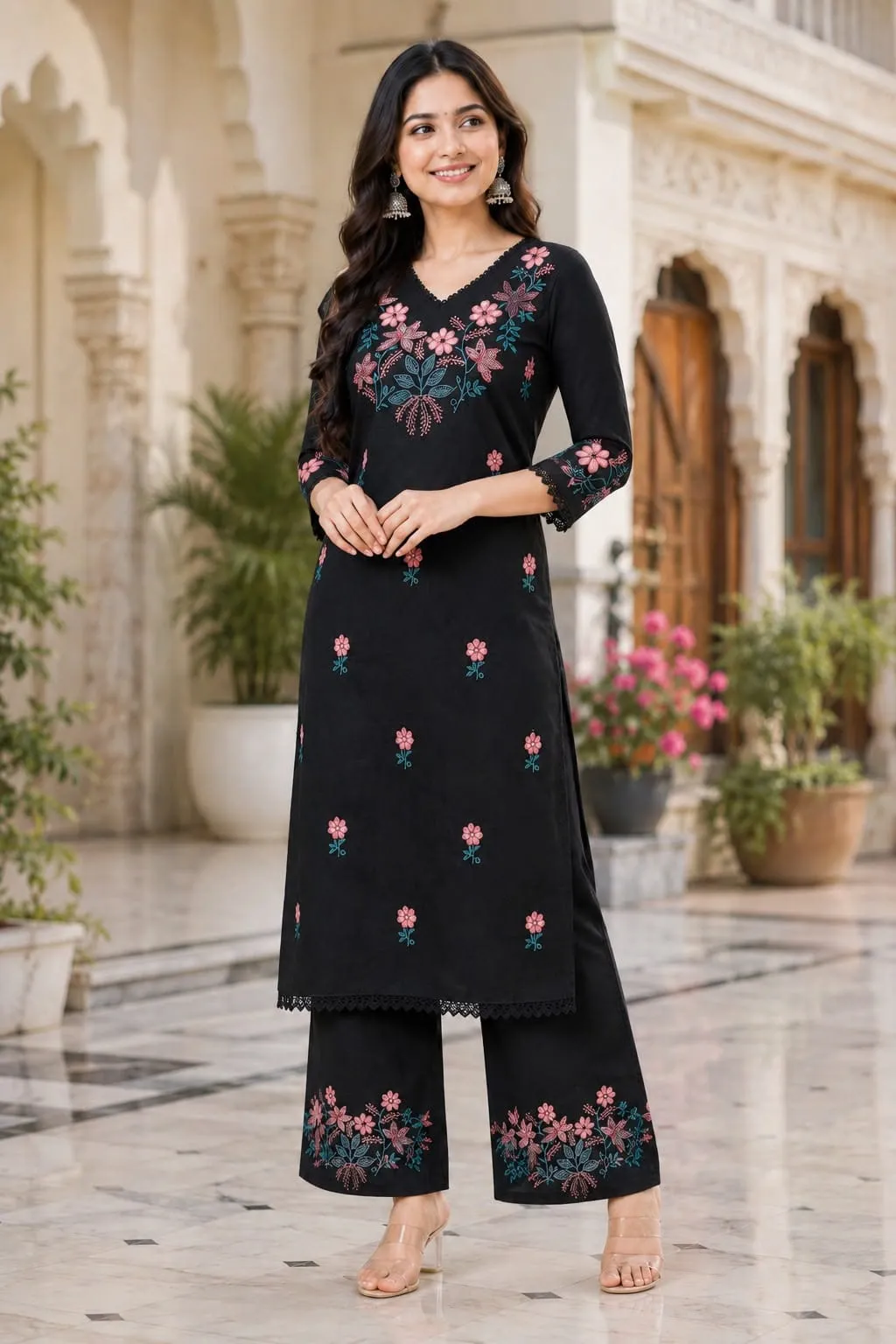 Pure Cotton Embroidered Kurti with Palazzo Set | Floral Thread Work 2 Piece Daily & Office Wear Suit - Image 2