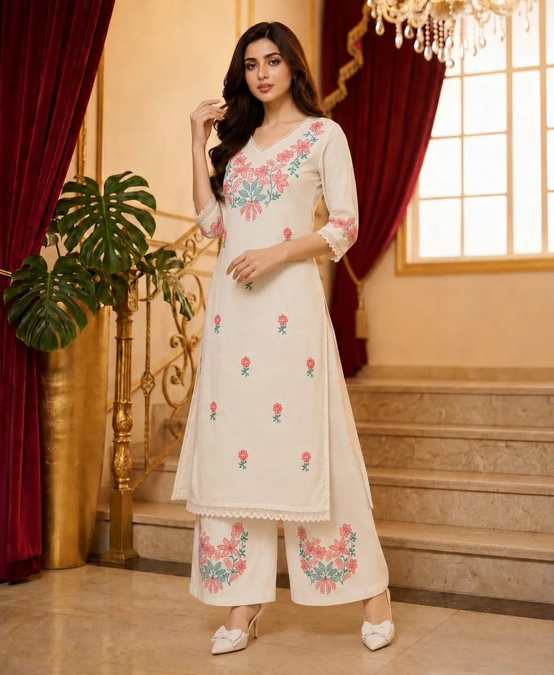 Pure Cotton Embroidered Kurti with Palazzo Set | Floral Thread Work 2 Piece Daily & Office Wear Suit - Image 3