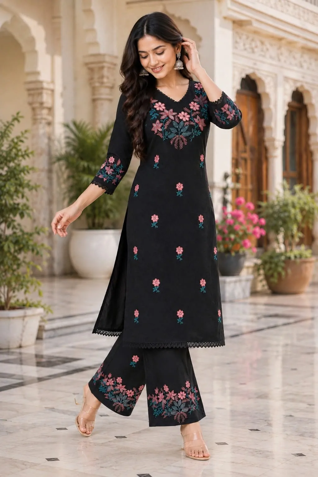 Pure Cotton Embroidered Kurti with Palazzo Set | Floral Thread Work 2 Piece Daily & Office Wear Suit - Image 4