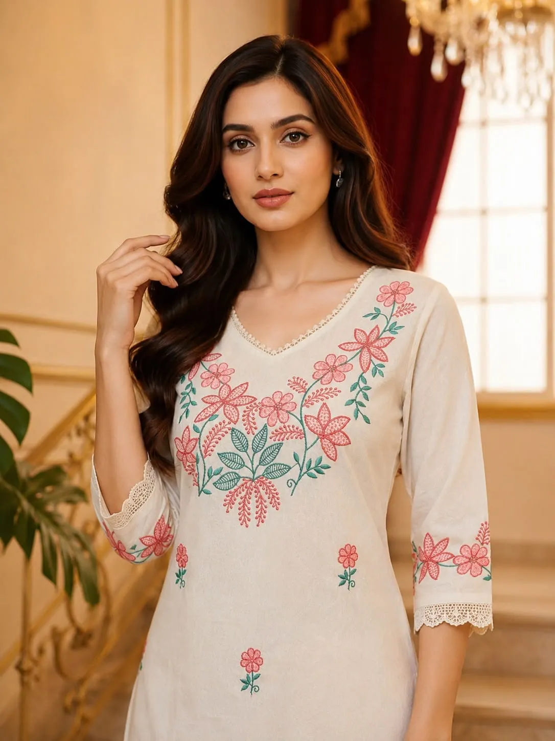 Pure Cotton Embroidered Kurti with Palazzo Set | Floral Thread Work 2 Piece Daily & Office Wear Suit - Image 5