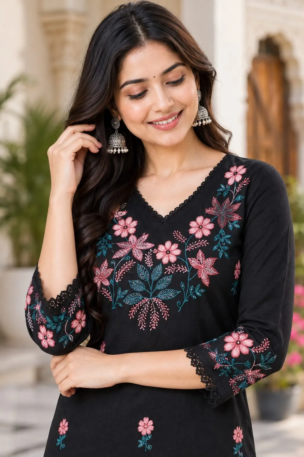 Pure Cotton Embroidered Kurti with Palazzo Set | Floral Thread Work 2 Piece Daily & Office Wear Suit - Image 6
