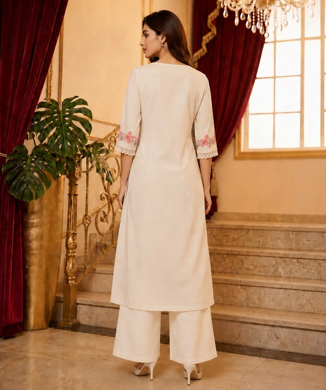 Pure Cotton Embroidered Kurti with Palazzo Set | Floral Thread Work 2 Piece Daily & Office Wear Suit - Image 7