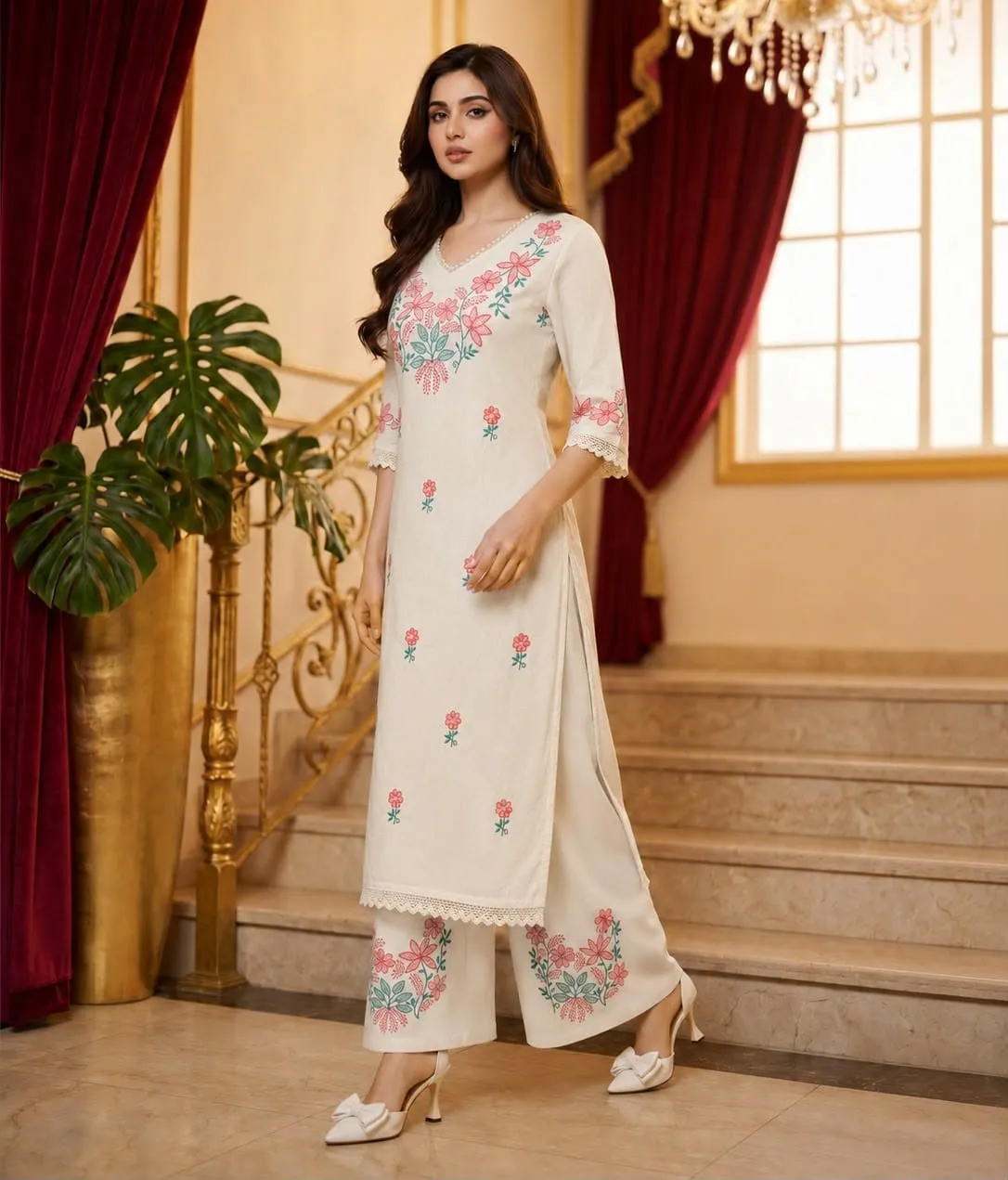 Pure Cotton Embroidered Kurti with Palazzo Set | Floral Thread Work 2 Piece Daily & Office Wear Suit - Image 8