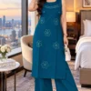 Pure Cotton Embroidered Straight Kurta with Palazzo Pant Set (Sleeveless with Inside Sleeves)