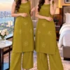 Pure Cotton Embroidered Straight Kurta with Palazzo Pant Set (Sleeveless with Inside Sleeves) - Image 3