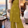 Pure Cotton Embroidered Straight Kurta with Palazzo Pant Set (Sleeveless with Inside Sleeves) - Image 4