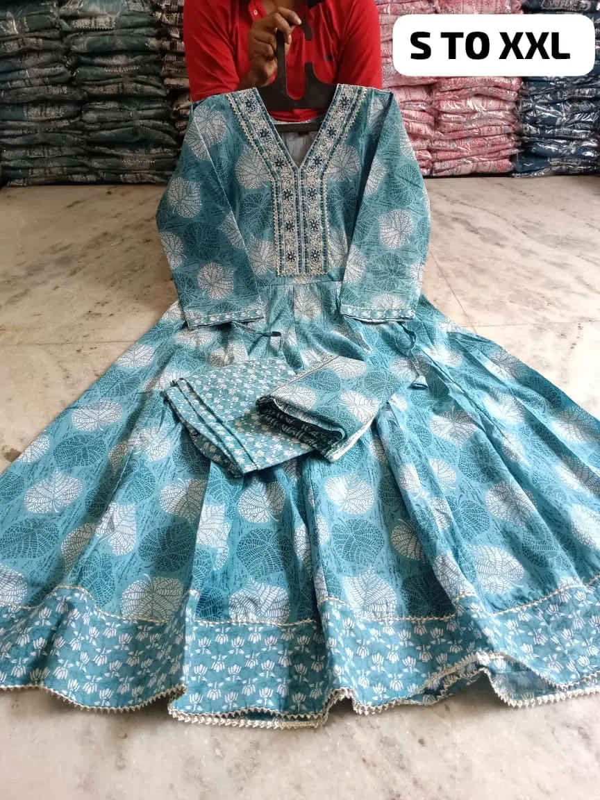 Pure Cotton Floral Anarkali Kurti Pant Dupatta Set | Embroidered V-Neck Flared Kurta Set (Sizes S–XXL) - Image 10