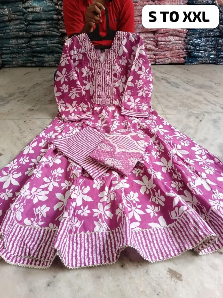 Pure Cotton Floral Anarkali Kurti Pant Dupatta Set | Embroidered V-Neck Flared Kurta Set (Sizes S–XXL) - Image 11