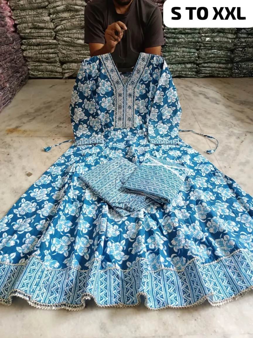 Pure Cotton Floral Anarkali Kurti Pant Dupatta Set | Embroidered V-Neck Flared Kurta Set (Sizes S–XXL) - Image 12