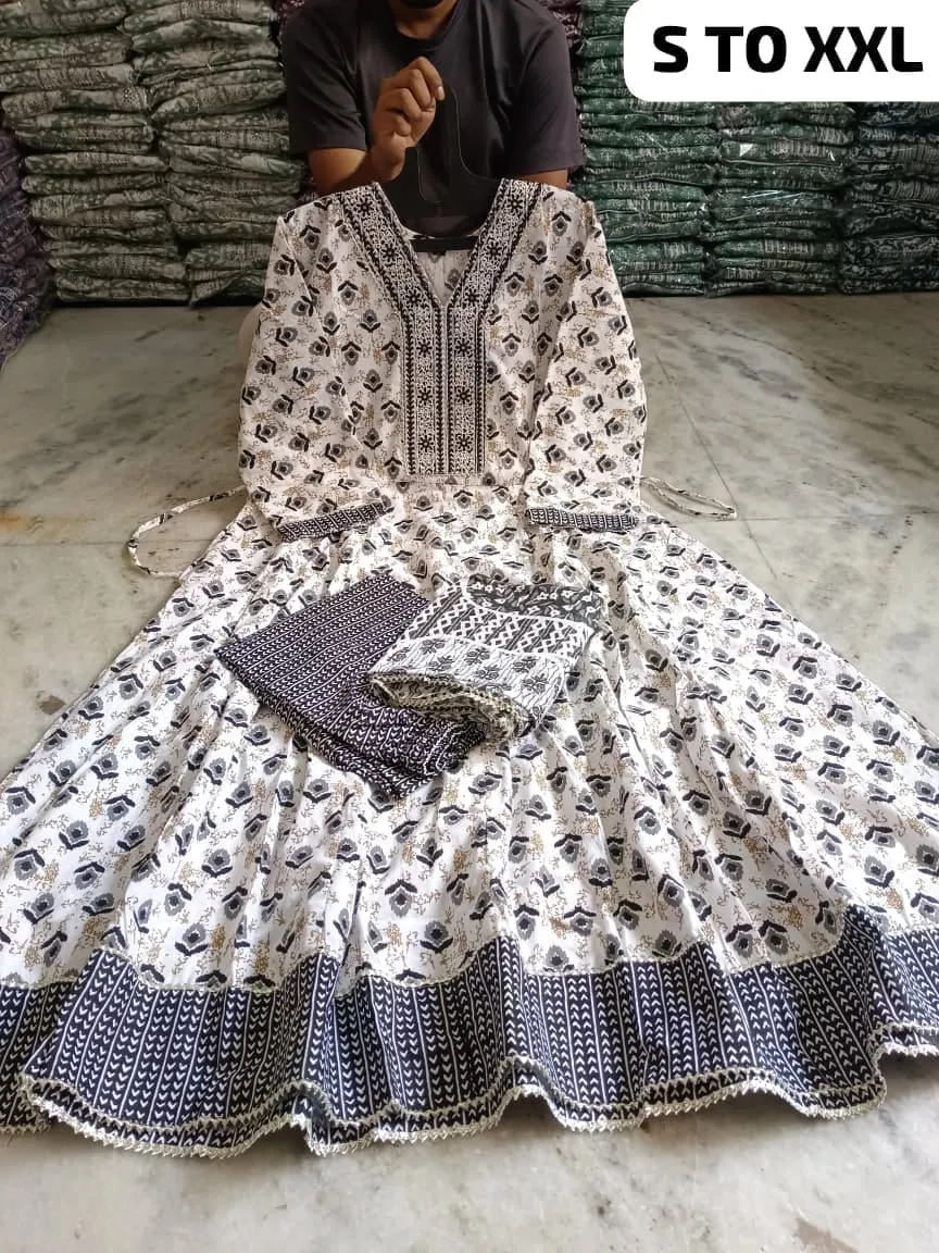 Pure Cotton Floral Anarkali Kurti Pant Dupatta Set | Embroidered V-Neck Flared Kurta Set (Sizes S–XXL) - Image 14