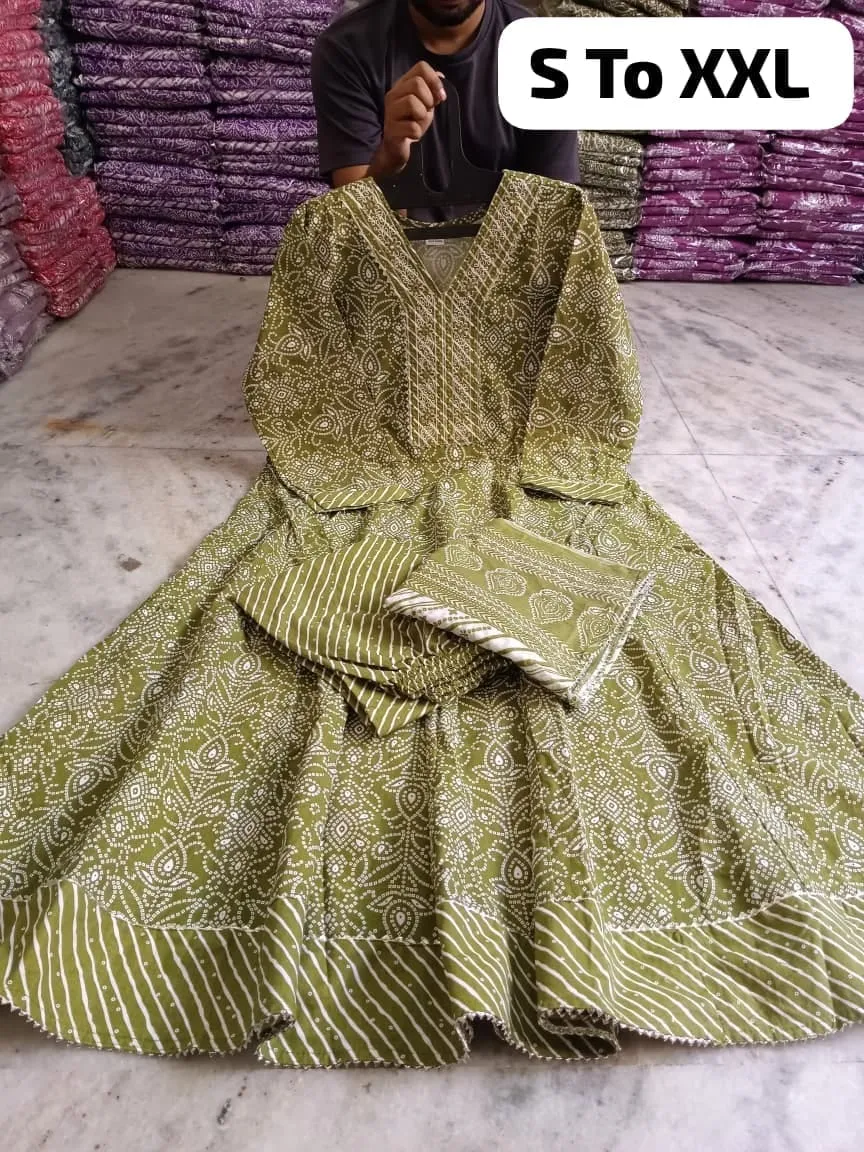 Pure Cotton Floral Anarkali Kurti Pant Dupatta Set | Embroidered V-Neck Flared Kurta Set (Sizes S–XXL) - Image 15