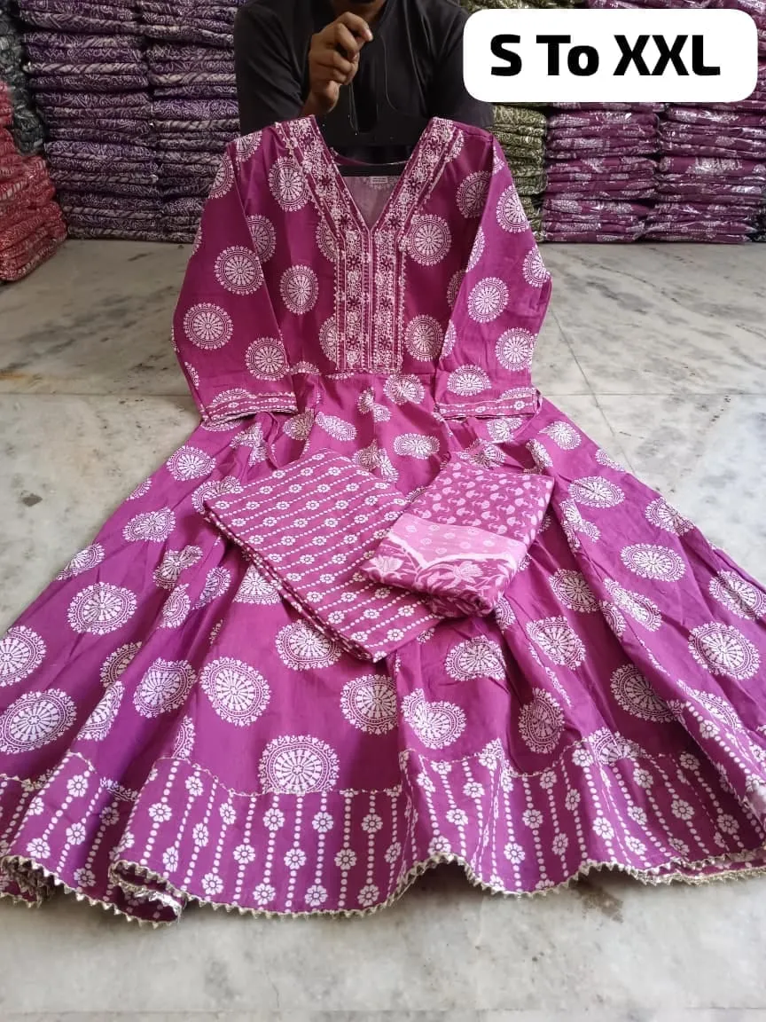 Pure Cotton Floral Anarkali Kurti Pant Dupatta Set | Embroidered V-Neck Flared Kurta Set (Sizes S–XXL) - Image 16